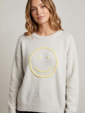 By Together Smiley Face Knit Crewneck Sweater Cream Yellow NWT Size Small